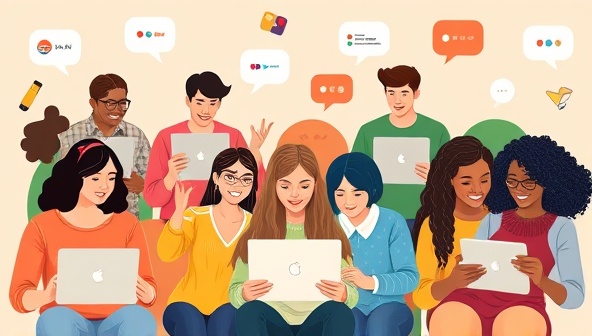 A visually engaging graphic showcasing a diverse group of individuals using laptops and smartphones, interacting with the LexiAI platform while learning various languages, symbolizing inclusivity and modern learning methods.