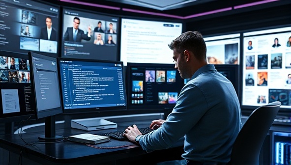 A futuristic workspace with a writer interacting with a sleek AI interface displaying writing suggestions and enhancements, surrounded by digital screens showing diverse content types, conveying efficiency and creativity in writing.