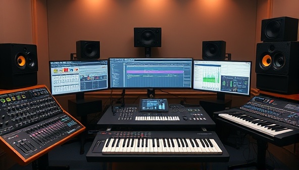 A digital music studio setup with virtual mixing consoles, MIDI controllers, and music production software interfaces, showcasing a creative and professional environment for music production education and training.