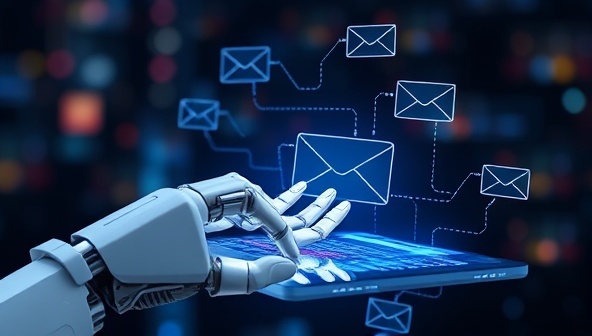 An AI-powered robot hand typing personalized emails on a futuristic holographic display, symbolizing efficiency and personalization in email marketing campaigns.