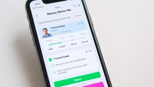 A smartphone screen displaying the Money Mentor Me app interface, featuring personalized financial goals, progress trackers, and a chat window with a financial mentor, illustrating convenience and guidance at users' fingertips.