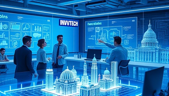 A futuristic office environment with GovTech Innovate team members brainstorming digital solutions on interactive screens, surrounded by advanced tech gadgets, digital blueprints, and a smart city model, illustrating innovation and tech-savvy expertise in government transformation.