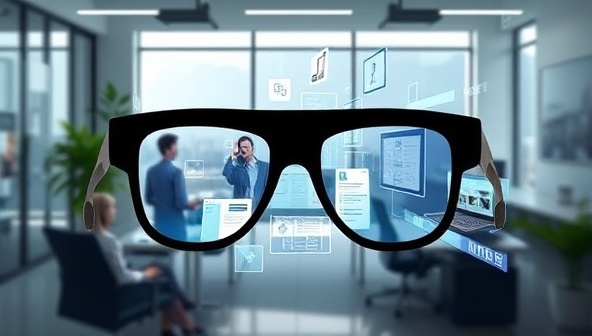 An immersive AR visualization of a website layout projected in a real-world office setting through AR glasses, with interactive design elements and tools floating in the air, illustrating the transformative AR design experience offered by AR WebCraft.