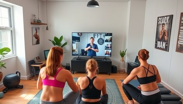 A high-energy virtual workout session led by a fitness coach, with participants following along from home, surrounded by exercise equipment, motivational posters, and digital fitness trackers, showcasing the platform's dynamic and engaging fitness coaching experience.