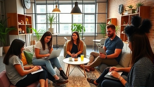 A modern, vibrant co-living space filled with diverse individuals working on laptops, sharing ideas, and enjoying a sense of community and collaboration in a stylish and comfortable environment.