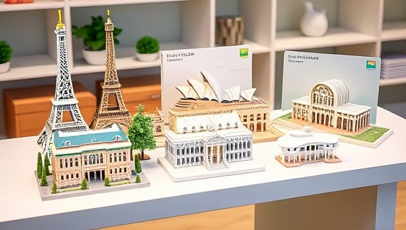 A collection of 3D printed architectural model kits displayed on a sleek, modern desk, showcasing iconic buildings like the Eiffel Tower, Sydney Opera House, and Fallingwater, with intricate details and vibrant colors, inviting customers to embark on a creative and architectural journey.