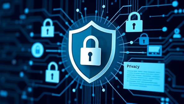 A digital security visualization with a shield symbolizing data protection and privacy, surrounded by lock icons, encryption algorithms, and privacy policy documents, representing a secure and safeguarded online environment provided by data privacy consulting services.