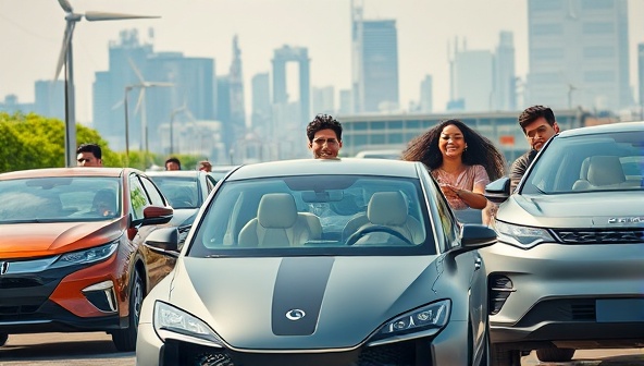 An image showcasing a diverse group of individuals happily driving different electric vehicles from the EcoDrive Flex subscription service, with a backdrop of sustainable city infrastructure and green energy sources, symbolizing the future of eco-friendly urban mobility.