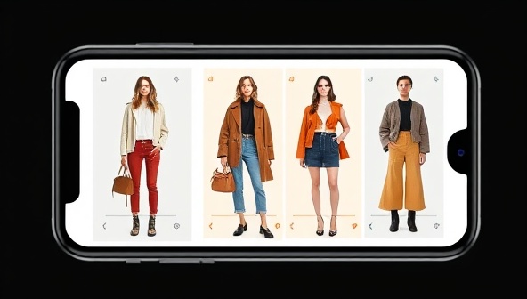 A sleek and modern virtual styling interface showcasing different outfit combinations on a smartphone screen, with stylish clothing items and accessories displayed in a visually appealing manner.