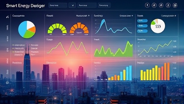 An interactive dashboard displaying colorful graphs and charts representing energy consumption patterns, overlaid with a futuristic city skyline to emphasize sustainability and smart energy management.
