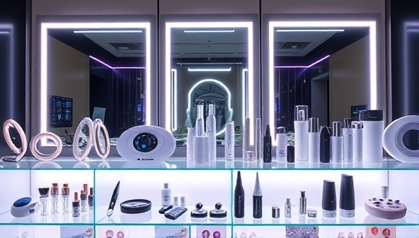 A chic beauty tech accessories rental display featuring a variety of high-tech beauty gadgets elegantly showcased on sleek shelves, with a backdrop of glowing LED mirrors and futuristic skincare devices, creating a luxurious and tech-savvy beauty experience.