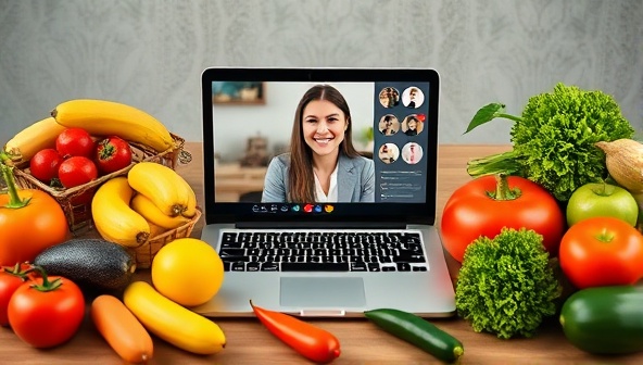 An inviting virtual nutrition consultation setup featuring a nutritionist interacting with a client via video call, surrounded by a variety of fresh fruits, vegetables, and a laptop displaying nutrition resources, conveying professionalism and personalized guidance.