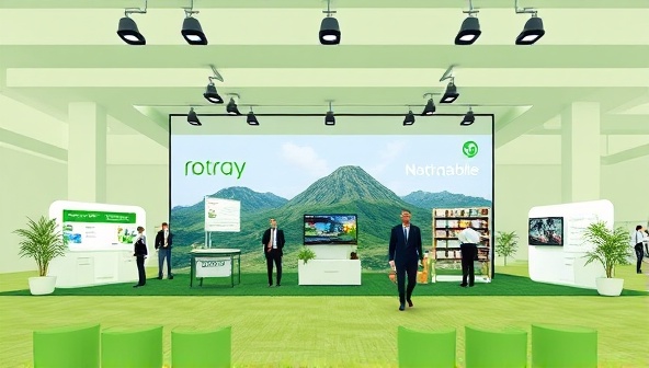 An eco-friendly virtual events platform interface featuring a virtual trade show floor with sustainable exhibitor booths, interactive networking spaces, and educational sessions on environmental conservation, showcasing a digital environment designed for green event experiences.