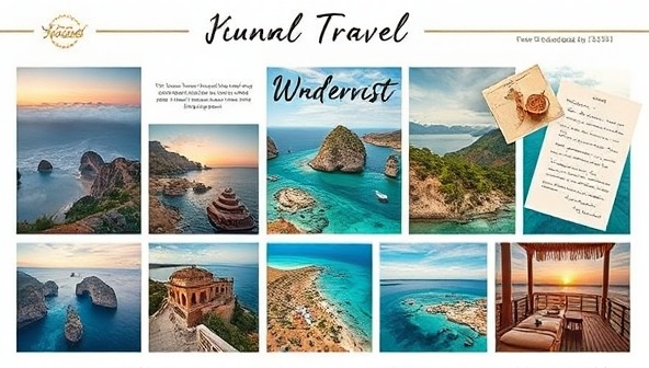 A luxurious travel mood board showcasing exotic destinations, cultural experiences, and personalized touches like handwritten notes and curated gift baskets, evoking a sense of wanderlust and bespoke service.