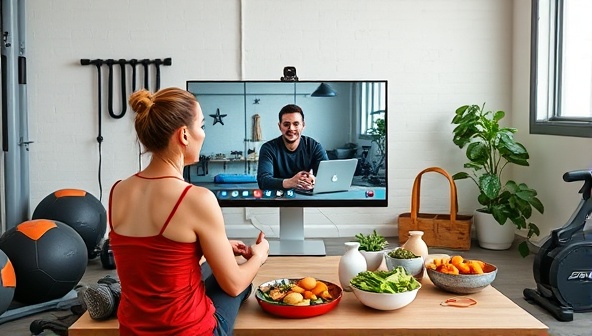 A virtual meeting setup with a trainer and client engaging in a fitness consultation via video call, surrounded by fitness equipment and healthy food options, illustrating the convenience and personalization of virtual fitness services.