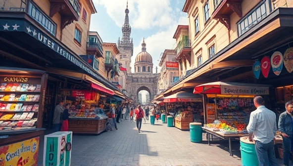 An artistic rendering of a virtual travel expedition through a bustling marketplace in a foreign city, with vibrant colors, local vendors, and cultural landmarks, capturing the essence of global exploration and discovery within the Wanderlust VR Expeditions platform.