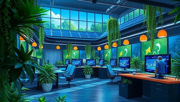 An artistic rendering of a gaming lounge adorned with lush plants, solar panels on the roof, and energy-efficient lighting, creating a serene and eco-conscious gaming environment that appeals to nature-loving gamers.