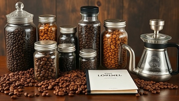 An array of premium coffee beans in various colors and sizes elegantly displayed in glass jars, accompanied by coffee brewing equipment and a tasting journal, creating a sophisticated and inviting setting for a coffee exploration journey that celebrates the art of coffee craftsmanship and appreciation.