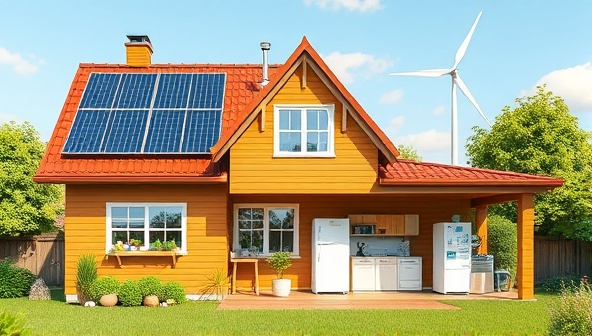 An eco-friendly home with solar panels on the roof, a wind turbine in the backyard, and energy-efficient appliances inside, illustrating a sustainable and green lifestyle.