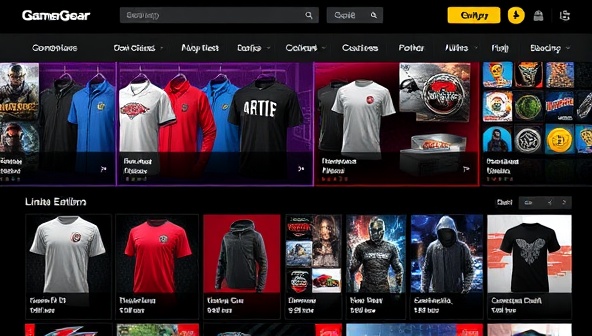An online gaming merchandise marketplace interface featuring a diverse range of gaming products, from apparel and accessories to collectibles and limited edition items, with vibrant graphics and user-friendly navigation, highlighting the variety and excitement of GamerGear Hub's offerings.