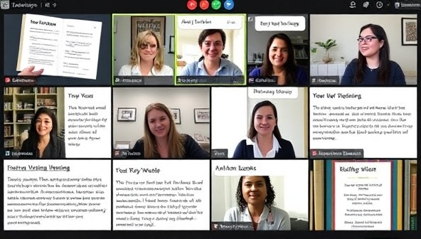 An online writing accountability group session in progress, featuring a diverse group of writers sharing their progress, goals, and insights, with a facilitator providing guidance and encouragement, fostering a sense of camaraderie and motivation in the writing process.