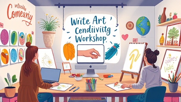 An artistic digital illustration featuring a virtual art studio scene with participants engaging in a live creativity workshop, surrounded by colorful paintings, drawing tools, and inspirational quotes, capturing the essence of artistic expression and collaboration in a digital space.