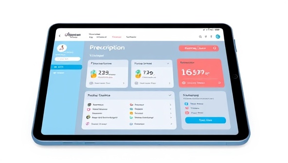 A digital illustration of a telemedicine platform interface on a tablet screen, showing a user-friendly prescription management dashboard with medication reminders and refill options, emphasizing convenience and patient empowerment.