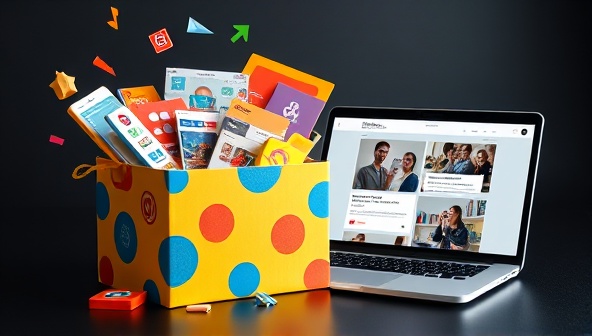 A vibrant and colorful subscription box overflowing with design assets like icons, color swatches, and layout grids, accompanied by a sleek laptop displaying a stunning website design in progress, inspiring creativity and innovation.