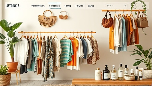 A visually appealing sustainable fashion marketplace interface showcasing eco-friendly clothing racks, accessories made from recycled materials, and beauty products with organic labels, creating a stylish and conscious shopping experience for eco-chic consumers browsing the platform.