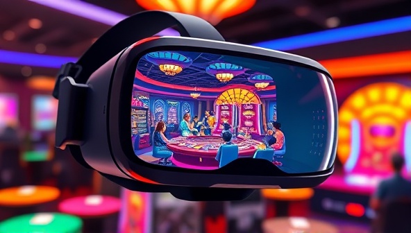 A futuristic VR headset displaying a vibrant digital casino landscape with animated players engaging in various games, capturing the essence of a cutting-edge and immersive gambling experience.
