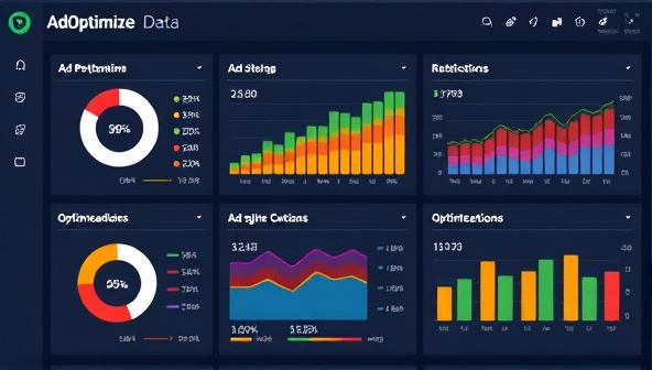 A digital dashboard displaying real-time ad performance data and optimization recommendations, with colorful graphs and charts illustrating the effectiveness and efficiency of AdOptimize Data