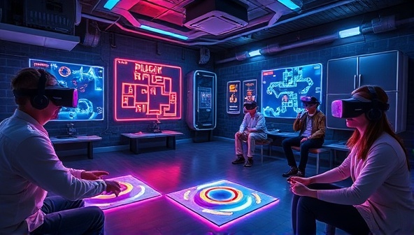 A futuristic virtual reality escape room setting with glowing puzzles, interactive objects, and players wearing VR headsets, showcasing the immersive and challenging gameplay experience.