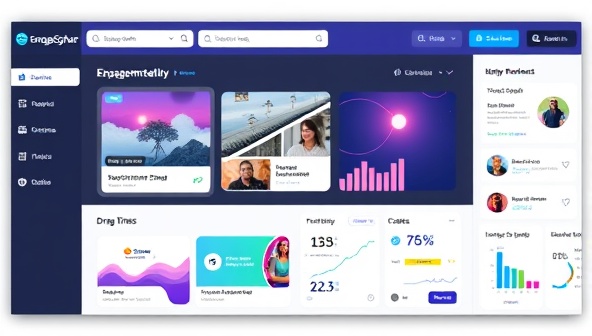 A dynamic and visually appealing interactive content creation dashboard with drag-and-drop features, real-time previews, and engagement metrics displayed, highlighting the user-friendly and innovative nature of EngageSphere.