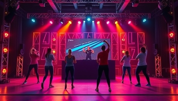 A virtual fitness stage set up with workout equipment, colorful lights, and a DJ booth, with participants following along to a high-energy workout led by a fitness trainer, capturing the excitement of a fitness concert experience.