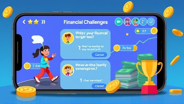An engaging app interface showcasing colorful characters navigating financial challenges and quizzes, with animated coins and trophies, creating a playful and educational atmosphere that encourages learning through gamification.