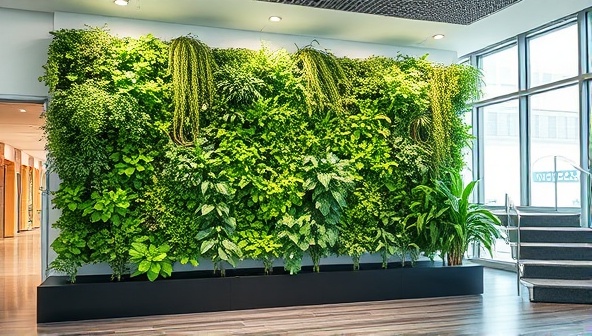 An office lobby featuring a stunning vertical hydroponic wall garden filled with a variety of lush plants and herbs, creating a refreshing and inviting atmosphere, blending nature with modern design.