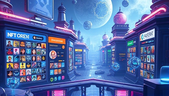 A futuristic digital landscape showcasing a vibrant marketplace interface filled with colorful NFT game assets, avatars, and collectibles, illustrating the diverse offerings and unique opportunities available on the NFT Game Vault platform.