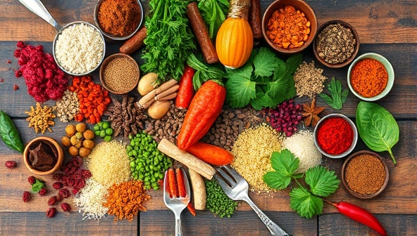 An enticing and colorful spread of exotic spices, fresh herbs, and culinary tools from various countries arranged on a rustic wooden table, inviting viewers to embark on a flavorful journey of discovery and experimentation.