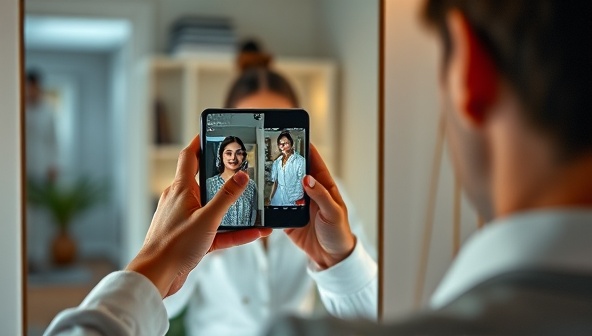 An individual using a smartphone to interact with an AR overlay of a virtual product, trying on different color options and styles in a digital mirror, showcasing the immersive and interactive nature of augmented reality brand experiences in a home setting.
