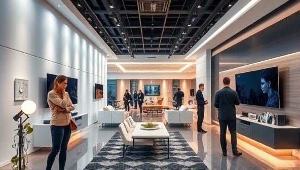 A sleek and modern showroom layout featuring interconnected smart home devices controlling lighting, temperature, and entertainment systems, with customers engaging in hands-on demos and consultations with knowledgeable staff, creating a futuristic home environment experience.