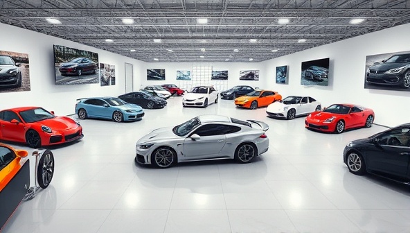 A digital showroom environment displaying a variety of cars available for auction, with users navigating through virtual viewing rooms showcasing detailed car interiors, exteriors, and specifications, creating an immersive and engaging buying experience.