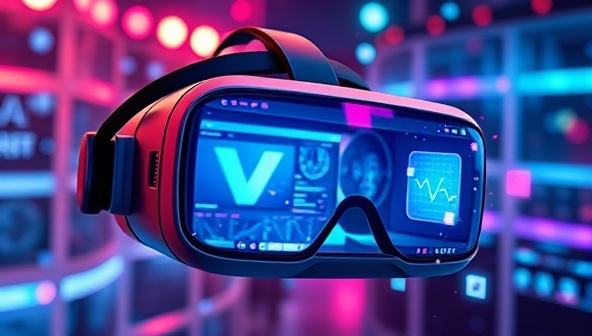 An exciting VR headset displaying a vibrant and interactive virtual reality website design environment, with digital elements floating in 3D space, illustrating the immersive experience offered by VR WebVision.