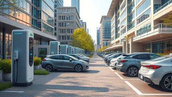 An EV charging station in a bustling city center, surrounded by modern buildings and green spaces, with EVs plugged in and charging, showcasing a sustainable and futuristic urban lifestyle.