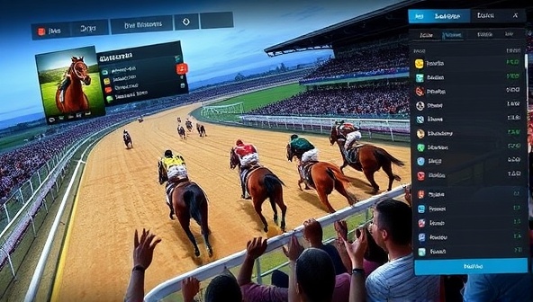 A dynamic horse racing simulator interface showcasing virtual races in progress, detailed horse profiles, and betting options, surrounded by virtual spectators cheering on the races, capturing the thrilling and competitive atmosphere of the virtual horse racing betting simulator.