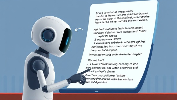 An illustration of a virtual assistant AI character correcting grammar errors and suggesting style improvements on a digital document, showcasing the tool's intuitive and helpful nature in enhancing written content.
