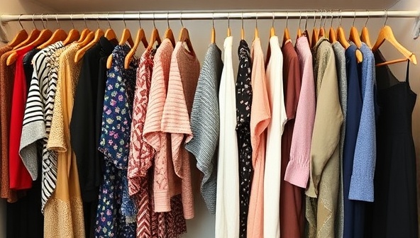 A chic wardrobe closet filled with a variety of stylish rented garments and accessories, neatly organized and displayed, representing the diverse and sustainable fashion options available through EcoChic Rentals.