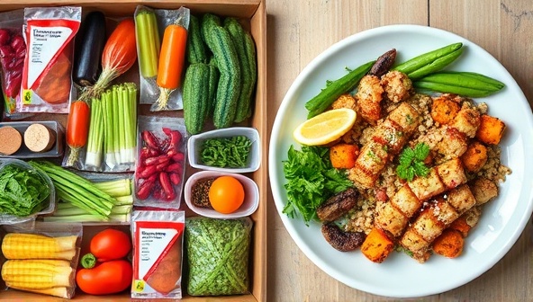 An image of a colorful array of fresh ingredients neatly organized in individual packets, accompanied by a beautifully plated meal prepared using the subscription service's kit, showcasing the convenience and quality of the customized meal offerings.