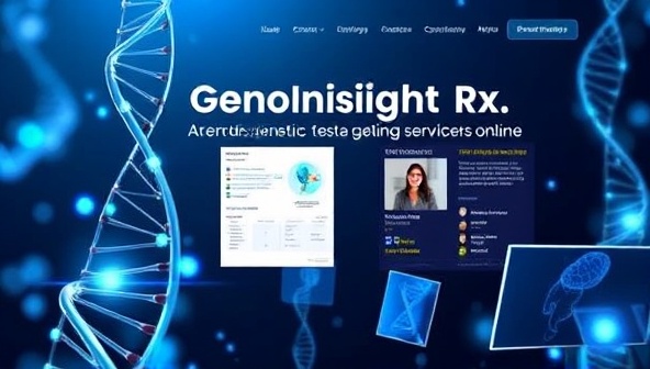 A futuristic digital visualization of the GenoInsight Rx platform providing genetic counseling services online, featuring DNA helix structures, interactive genetic reports, and virtual consultations with clients, showcasing a cutting-edge genetic testing consultancy experience focused on personalized health insights.