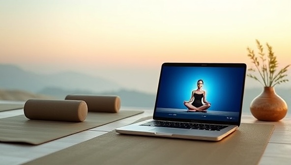 A serene virtual retreat setting with a calming background, yoga mats, meditation cushions, and a laptop displaying a live meditation session, evoking a sense of peace and relaxation.