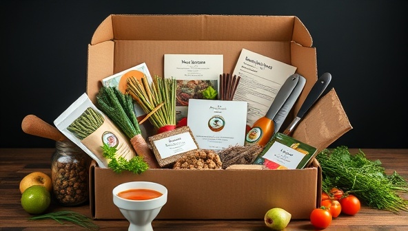 An enticing culinary subscription box filled with exotic ingredients, recipe cards, cooking utensils, and cultural insights, creatively arranged and packaged to evoke a sense of culinary exploration and global gastronomic adventure for subscribers.